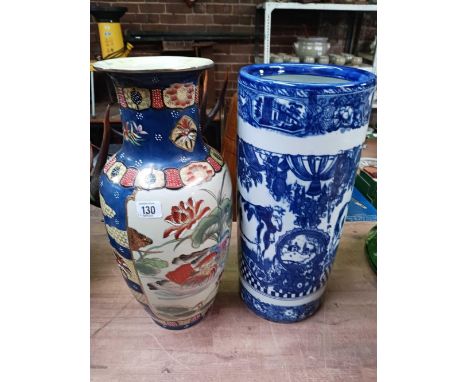 ORIENTAL STYLE VASE WITH BIRD DECORATION APPROX 18" TALL, DAMAGE REPAIR TO RIM &amp; A MODERN BLUE &amp; WHITE CHINA STICK ST