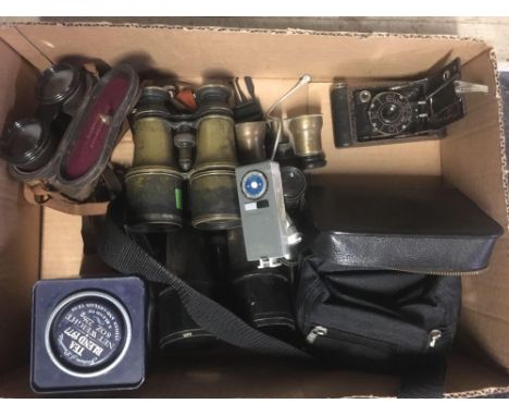 CARTON OF MISC BINOCULARS, HIP FLASK, VANITY SET, SOME WITH CASES