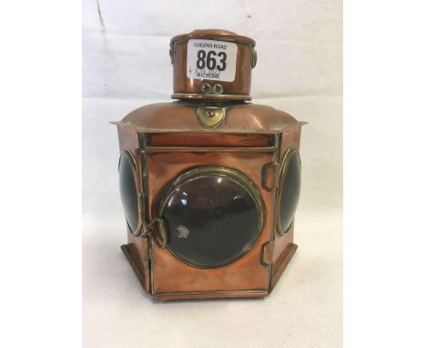 SMALL COPPER &amp; BRASS PORT &amp; STARBOARD BOAT LIGHT, PARAFFIN BURNER MISSING