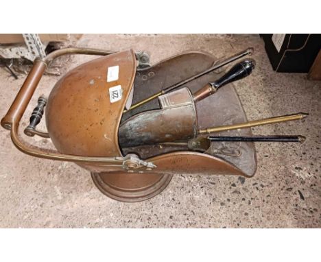 COPPER HELMET SCUTTLE WITH COPPER SHOVEL &amp; MISC BRAS COMPANION PARTS