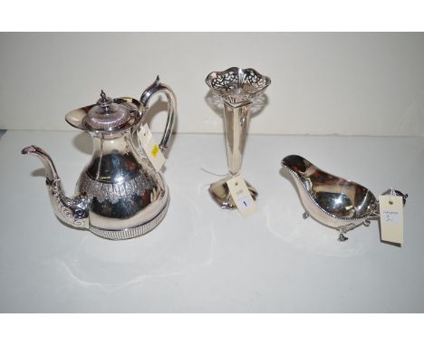 A silver vase, the pierced wavy rim above square tapering stem and flared filled base; together with a plated teapot; and a p