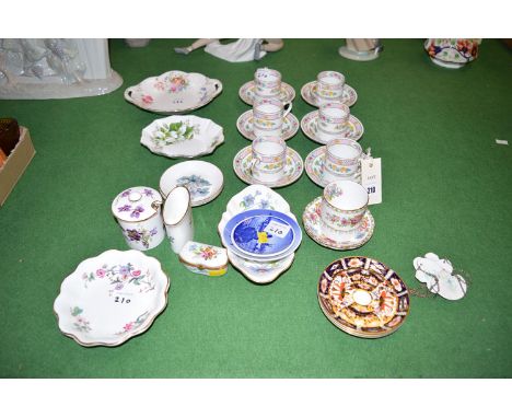 Six Crown Staffordshire coffee cans and saucers with Chinese style foliate decoration; three 'Imari' pattern Crown Derby trin