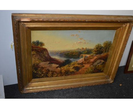 An oil painting - Landscape with bridge and church in the distance, by R. Renlir, signed.