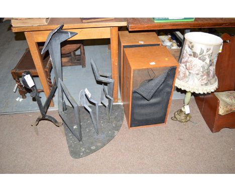 An onyx table lamp; two Wharfdale speakers; a shepherd's crook pattern boot scraper; and a modern wrought iron Christian scul