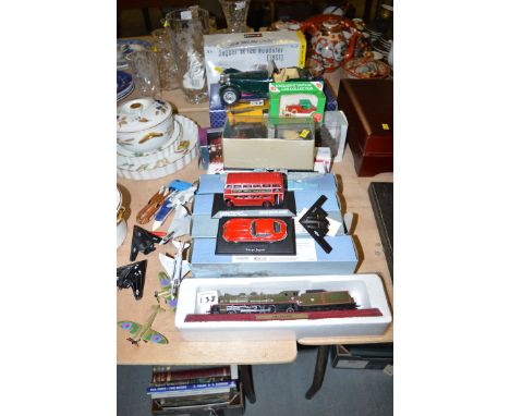 A collection of modern die-cast model vehicles by Burago; die-cast ship models; aircraft; a railway engine; etc.