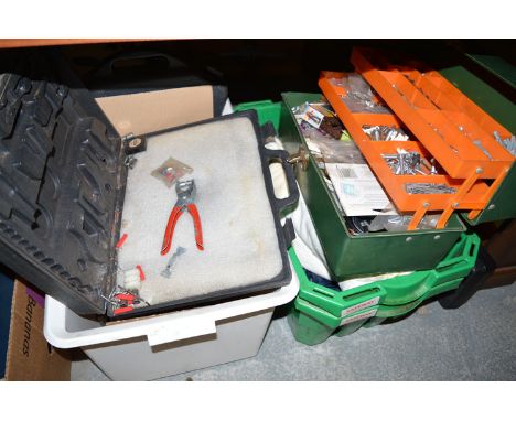 An electric drill; a cantilever tool box and contents; household tools; light bulbs, etc; in two boxes. 