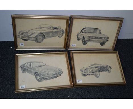 Pencil drawings - Portraits of vintage cars, signed with initials S.D., dated 9/81.
