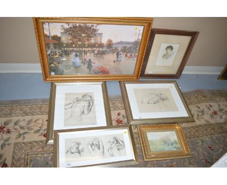 Colour prints - Parisian street scene, after C. Kieffer; three nude studies, after Van Hove; a tinted photograph of a lady; a