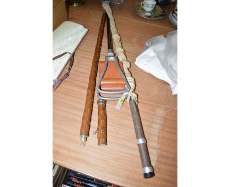 A rustic tipple stick; a shooting stick; and fibreglass fishing rod. (3)