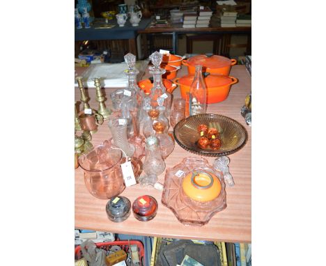 Glassware, to include: decanters; vases; and coloured glass, to include: knife rests; shaped dishes; a jug; inkwells; etc.