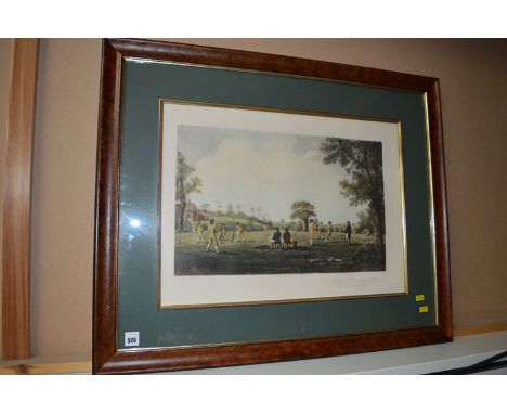 A colour print - "A match at Hambledon, 1777 ("A Cradle of Cricket")", in burr wood frame.