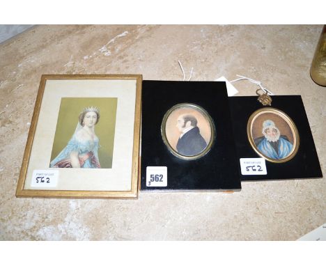 A watercolour - A miniature portrait of a Victorian gentleman; a miniature portrait of an old lady wearing a bonnet; together