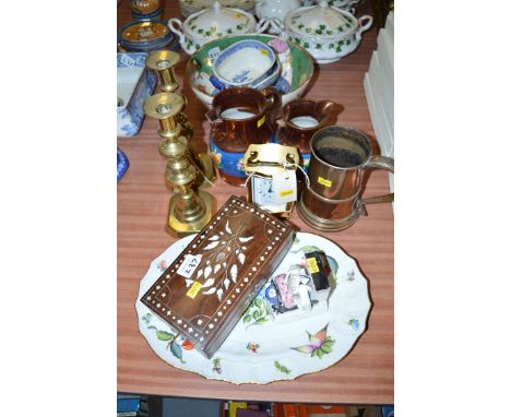 A Woodford brass carriage clock; a Hungarian hand-painted meat dish with floral and fruit decoration; a Rockingham punch bowl
