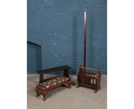 A collection of assorted furniture to include footstool with tapestry top, standard lamp, bench and magazine rack.  