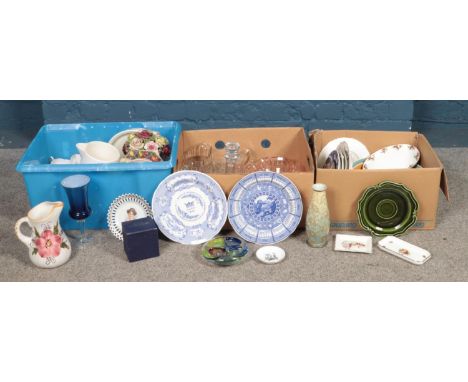 Three boxes of assorted ceramics and glassware. To include Royal Albert Old Country Roses, Spode calendar plates, Royal Worce