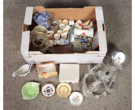 A box of miscellaneous. Includes glass ceiling light, table lamp, Burleigh ware, egg cups etc.  