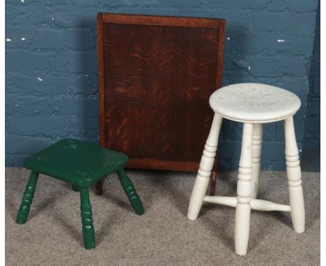 Two painted turned stools along with a fire screen.  