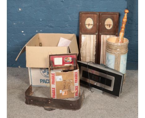 A quantity of miscellaneous to include radios, ceramic lamp, fire fender, etc.  