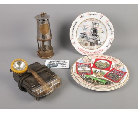A quantity of mining items to include Protector Lamp &amp; Lighting No.44 miners lamp, commemorative Dinnington Colliery plat