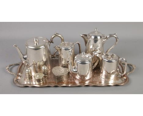 A collection of silver plated items. Includes CRB A1 silver on copper tray, cruet set, Roberts &amp; Belk Ltd, Mappin &amp; W