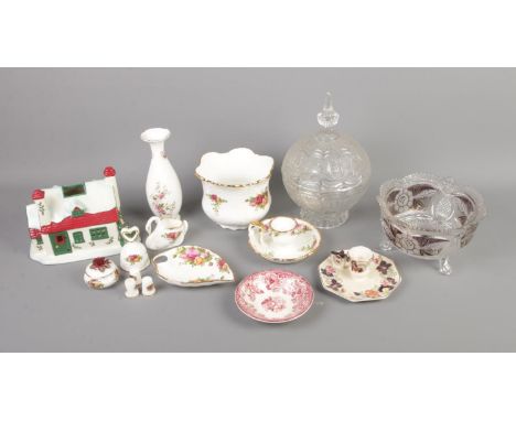 A collection of assorted ceramics to include Spode Christmas Tree tea light house, Royal Albert Old Country Roses, Masons., c