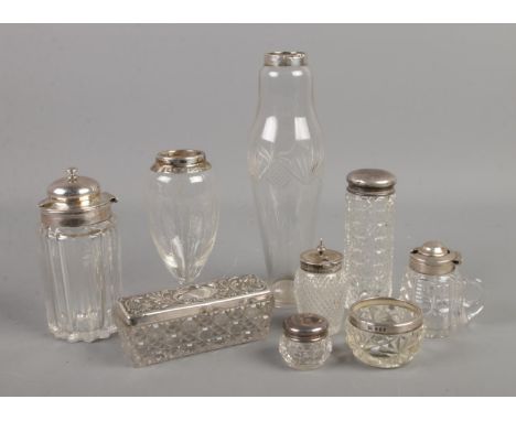 A good quantity of silver mounted glassware. Includes Charles Rennie Mackintosh style example.  