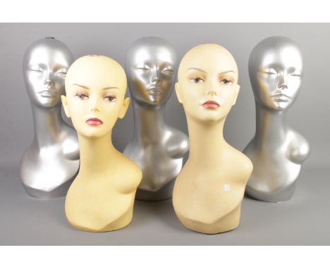 Five large vintage display mannequin heads; one stamped Sensationnel.  