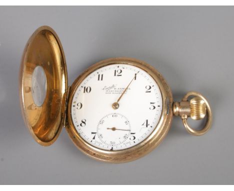 A H. Samuel Manchester Everite half hunter pocket watch with white enamel dial and roman numerals to case.  Working.