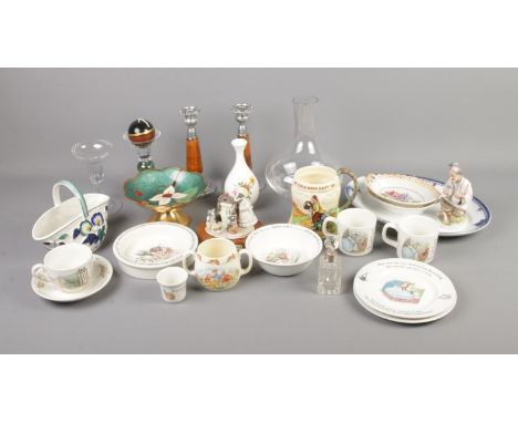 A quantity of assorted ceramics and glassware to include Bunnykins, Wedgwood Peter Rabbit, silver collared scent bottle, etc.