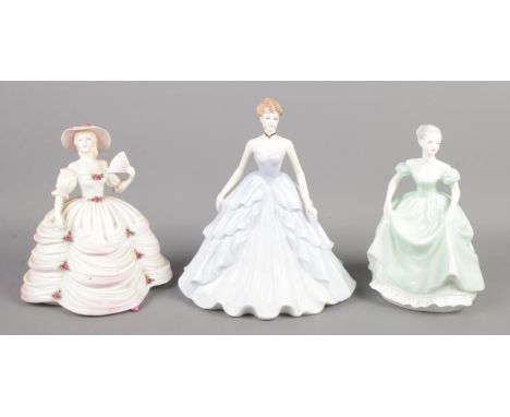 Three Coalport ceramic figures; Evening Elegance, Southern Belle and Henrietta.  Chip to one flower on the dress of Southern 