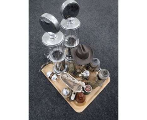 A tray of beer steins, china whisky decanter, dispenser, two American style petrol pump drinks dispensers etc