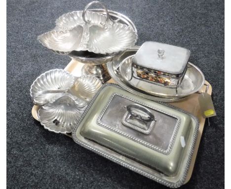 A tray of antique and later silver plated items including lidded breakfast dish, Imari style dish etc 