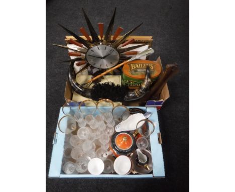 Two boxes of glass ware, Japanese tea service, late twentieth century battery operated sunburst clock, cow horns, barometer e