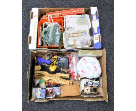 Two boxes of signed Crewe Alexander football, Scalextric, modelling railing rolling stock and accessories, paints etc 