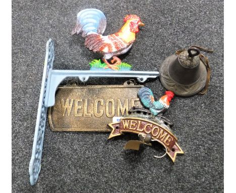 Cast iron cockerel wall bracket with welcome sign and cockerel welcome coat hook 