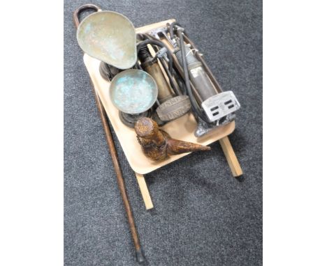 A 'Glass Queen' wash board and a tray of two vintage foot pumps, kitchen scales, leather decanter and a walking stick with si