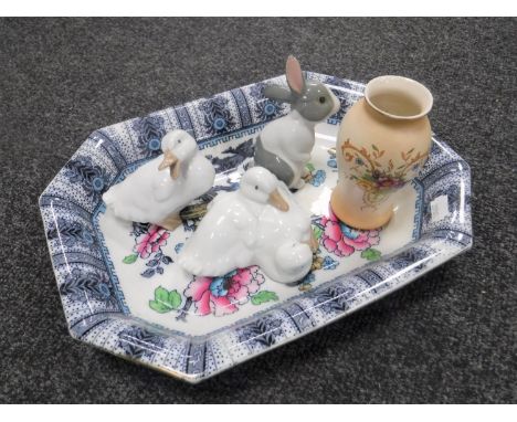 A Lossol ware floral patterned bowl together with three Nao figures and a Crown Ducal vase