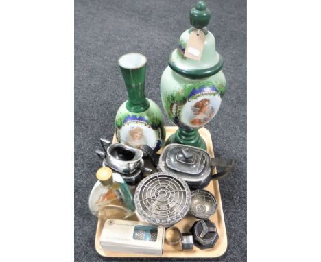 Two Victorian glass hand painted vases, a three piece Walker and Hall plated tea service, napkin rings, ship in dimple whisky