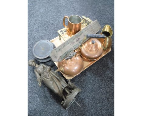 A tray of antique and later brass, copper, Spelter lady figure, cribbage board etc