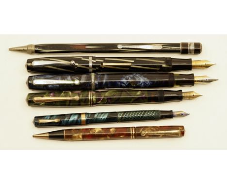 Eversharp (3) and Wahl Oxford (3) fountain pens and mechanical pencils. The lot consists of a Bantam in blue marbled, a Junio
