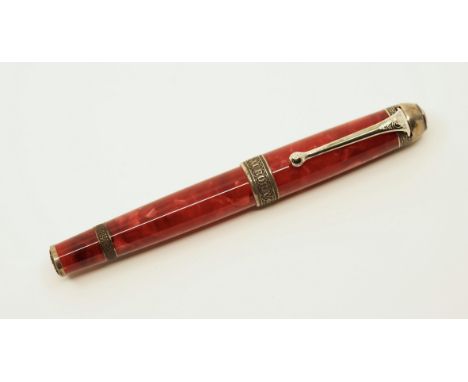 Aurora 85th Anniversary limited edition fountain pen in red marble Auroloide and solid silver with floral engravings, new in 