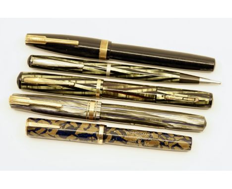 Waterman celluloid fountain pens and pencil (5). This lot consists of a Lady Patricia in Turquoise, 5113 model in grey marble