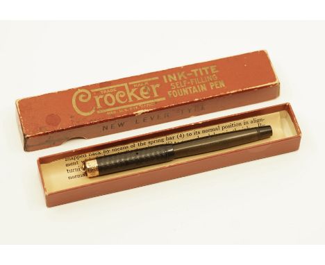 Crocker Ink-Tite filler black chased hard rubber (BCHR) pen with original box and instructions. The pen is marked 12SC on the