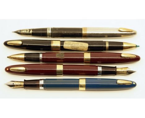Sheaffer Tuckaway fountain pens (3), and Stratowriter ballpoints (2). The Tuckaway model was Sheafferâ€™s attempt to get back