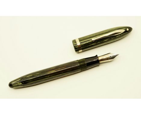 Sheaffer Balance Marine Green Stripe Oversized Balance. This piston fill model has a extra fine two-tone 14k nib. Overall goo