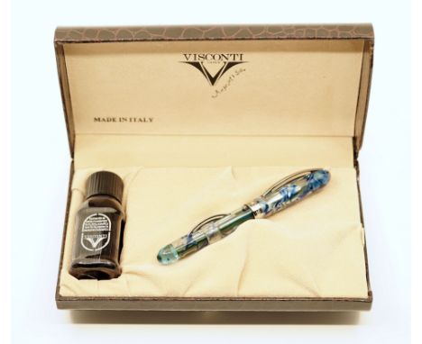 Visconti Millennium Arc One transparent blue limited edition fountain pen, new with original box, ink bottle, outer box and p