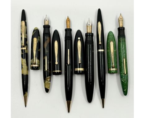 Sheaffer Balances from the 1930's in celluloid. The lot consists of an oversized set in Jet Black with ball clips from the mi