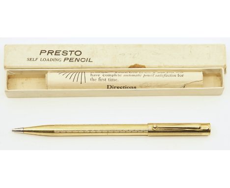 Presto self loading mechanical pencil with original box and papers. A gold filled example of a pencil most often found in cel