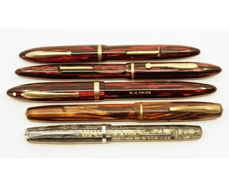 Lot of Sheaffer Balance pens in Carmine stripe (3) and Wasp pens (2). The lot consists of three Carmine stripe Balance pens, 