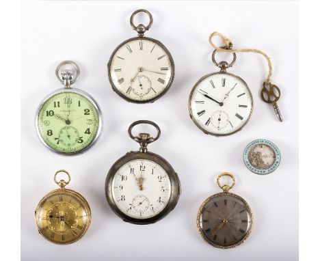 An 18ct gold cased pocket watch with floral engraved dial and case, a Continental silver cased pocket watch with subsidiary d